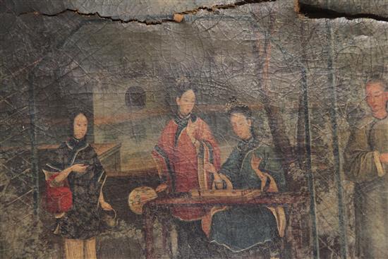 19th century Chinese School Courtiers playing a board game in a garden, 20 x 24.5in., canvas torn